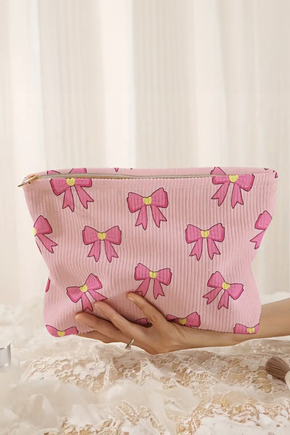 Pink Bow Tie Print Corduroy Makeup Bag