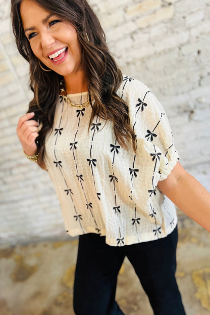 Beige Bow Print Puff Short Sleeve Top