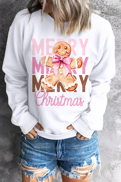 Beige Merry Christmas Gingerbread Man Graphic Sweatshirt