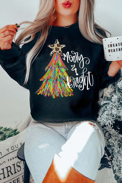 Black Merry & Bright Christmas Tree Graphic Sweatshirt