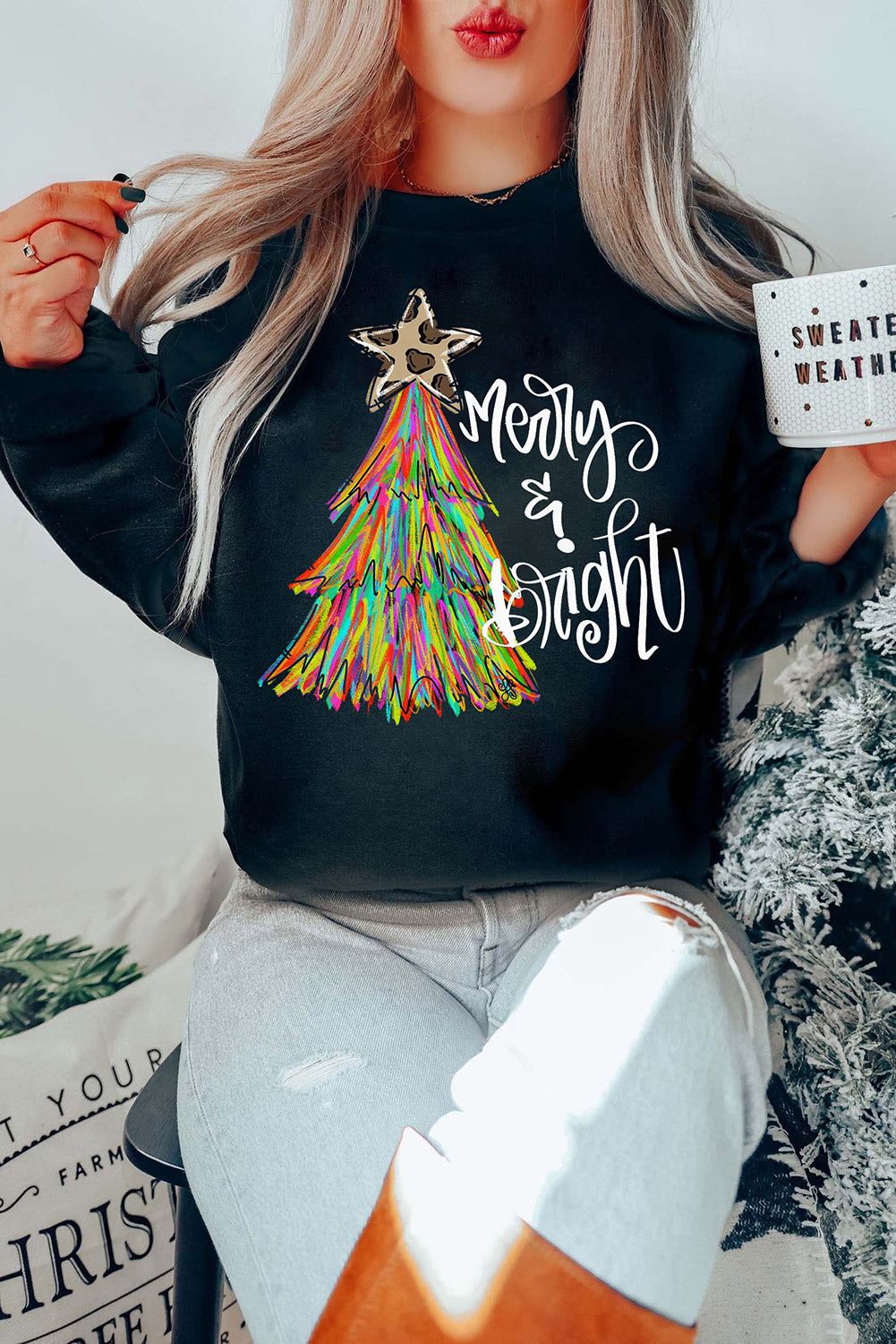 Black Merry & Bright Christmas Tree Graphic Sweatshirt