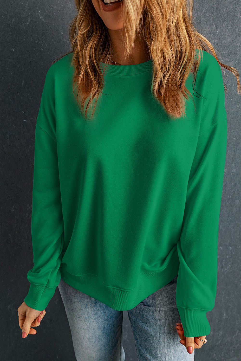 Dark Green Solid Classic Crewneck Pullover Sweatshirt