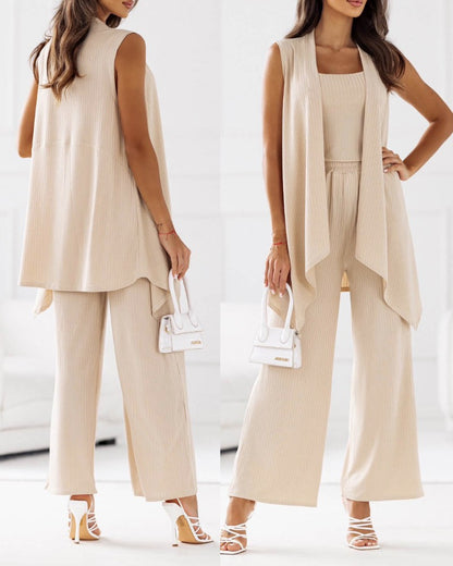 Cami Top & Flared Leg Pants Set With Coat