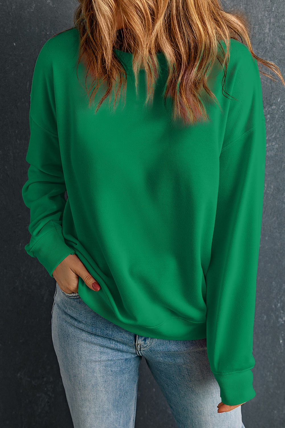 Dark Green Solid Classic Crewneck Pullover Sweatshirt