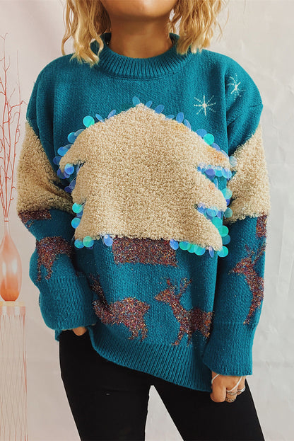 Peacock Blue Sequin Fuzzy Christmas Tree Tinsel Elk Drop Shoulder Sweater