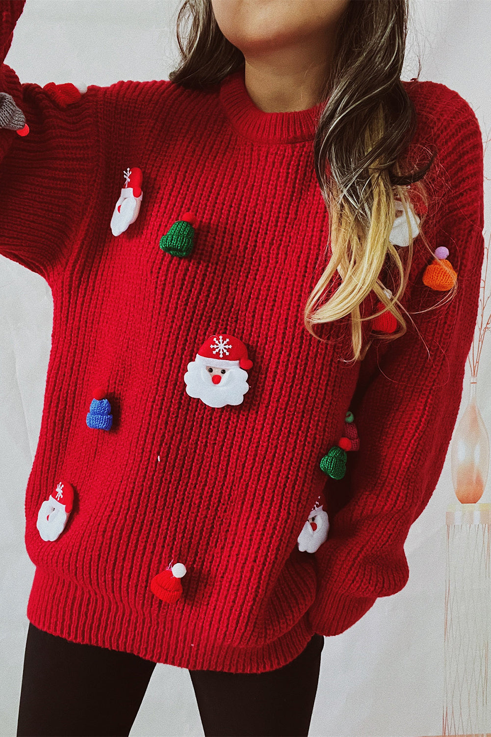 Racing Red Christmas Pattern Patched Rib Knit Knitted Sweater