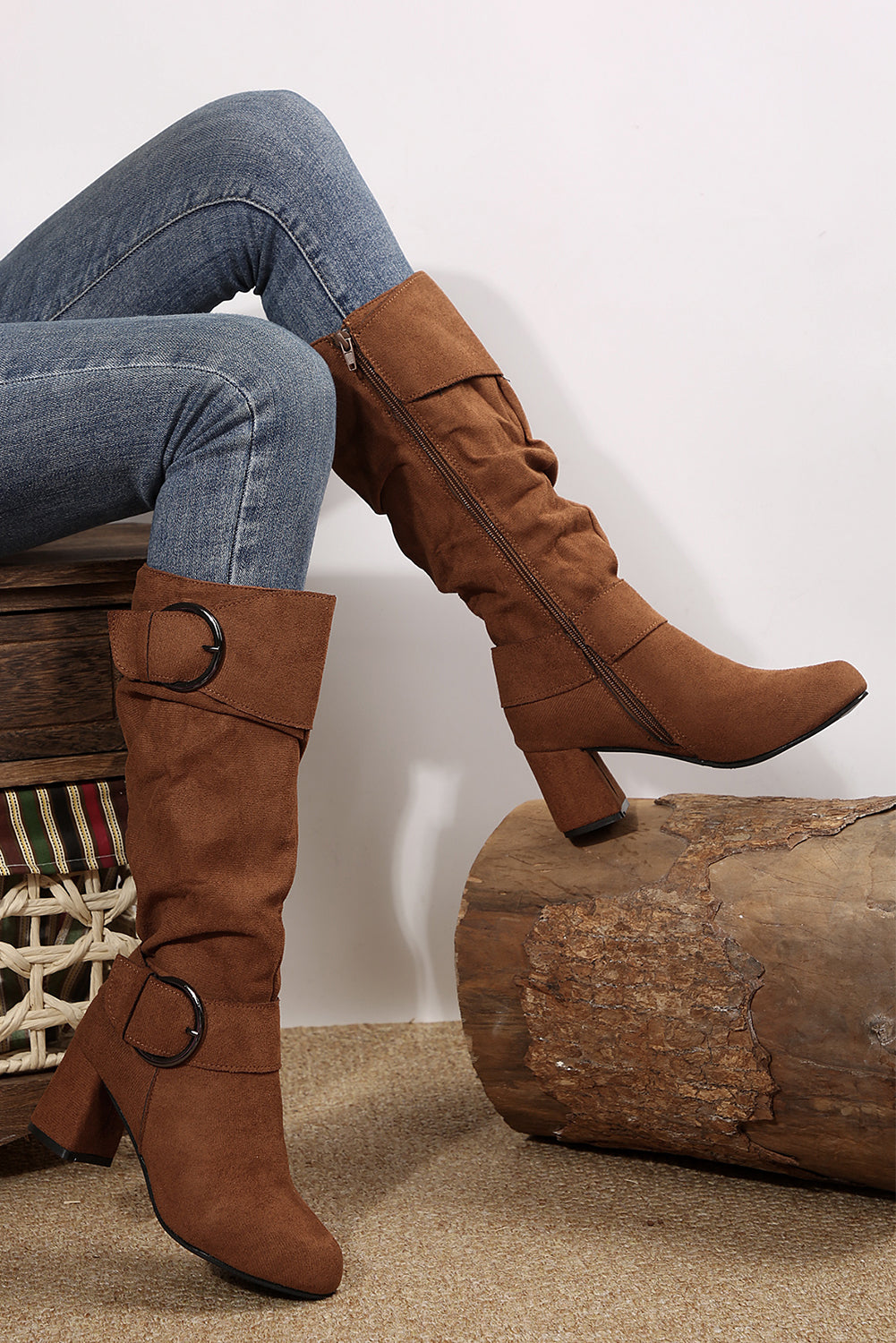 Coffee Suede Double Buckled Side Zipped Mid-calf Boots