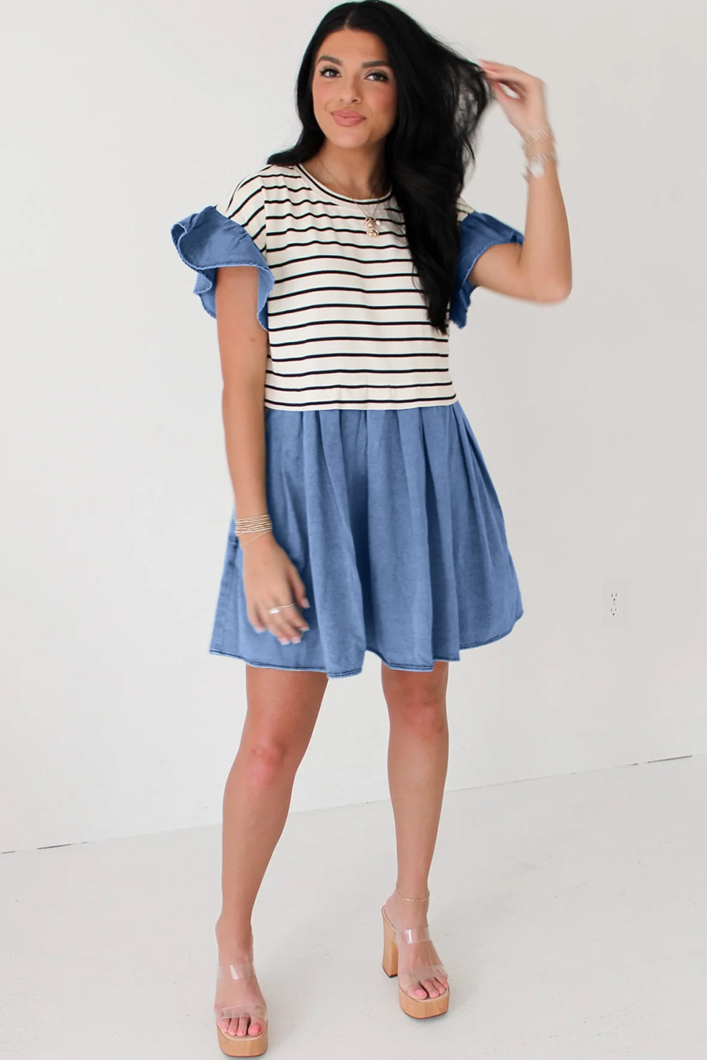 Black Stripe Ruffle Denim Patchwork Round Neck Mini Dress