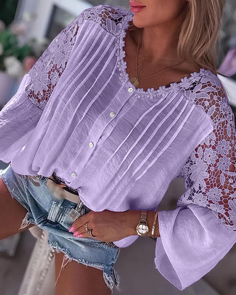 Contrast Lace V Neck Bell Sleeve Blouses Hollow out Button Ruched Shirts Top