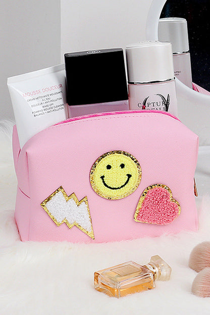 Pink Smiley Face Chenille Patched PU Zipper Makeup Bag