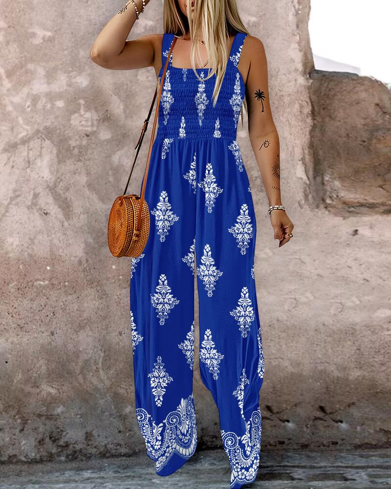 Graphic Print Square Neck Thick Strap Shirred Jumpsuit Wide Leg Overalls with Pockets