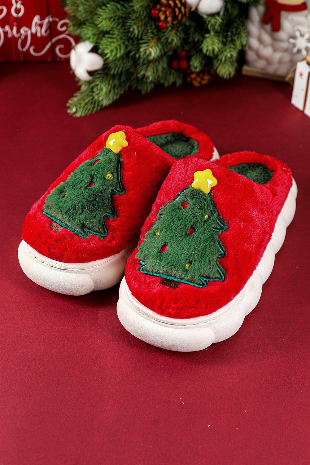 Fiery Red Christmas Tree Graphic Thick Sole Plush Slippers