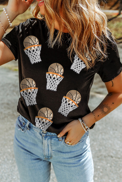 Black Sequin Basketball Patched Graphic Game Day T Shirt