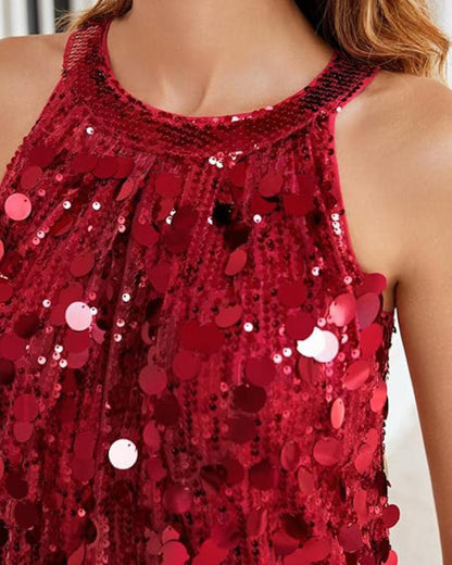 Round Neck Sequin Sleeveless Tank Top Casual Slim Fit Party Clubwear