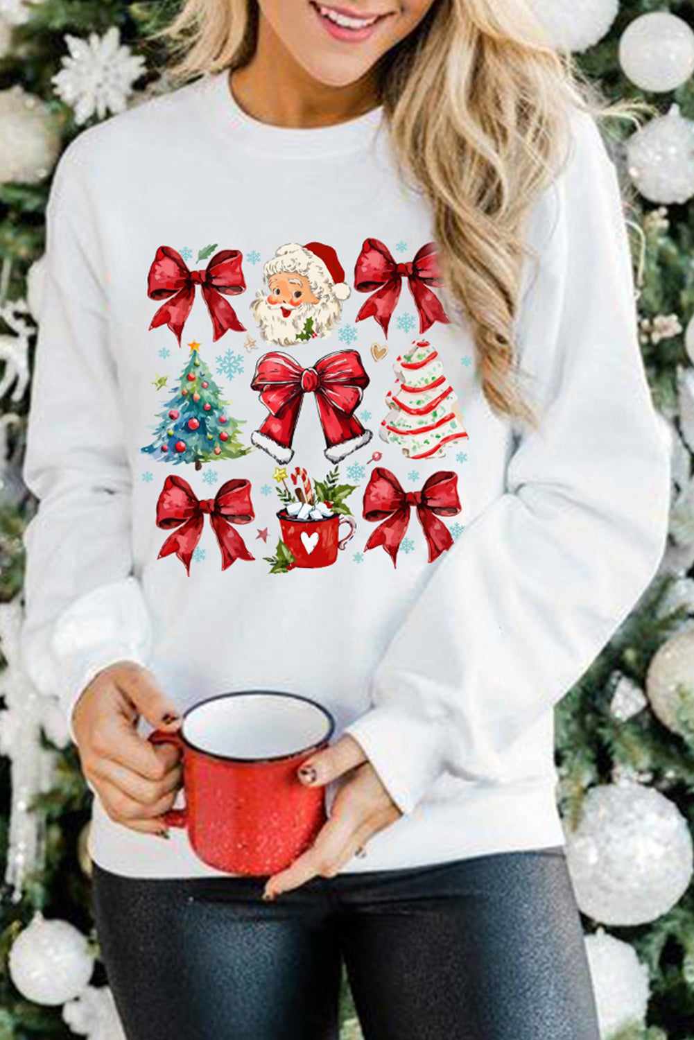 Beige Christmas Tree Bowknot Santa Clause Graphic Holiday Sweatshirt