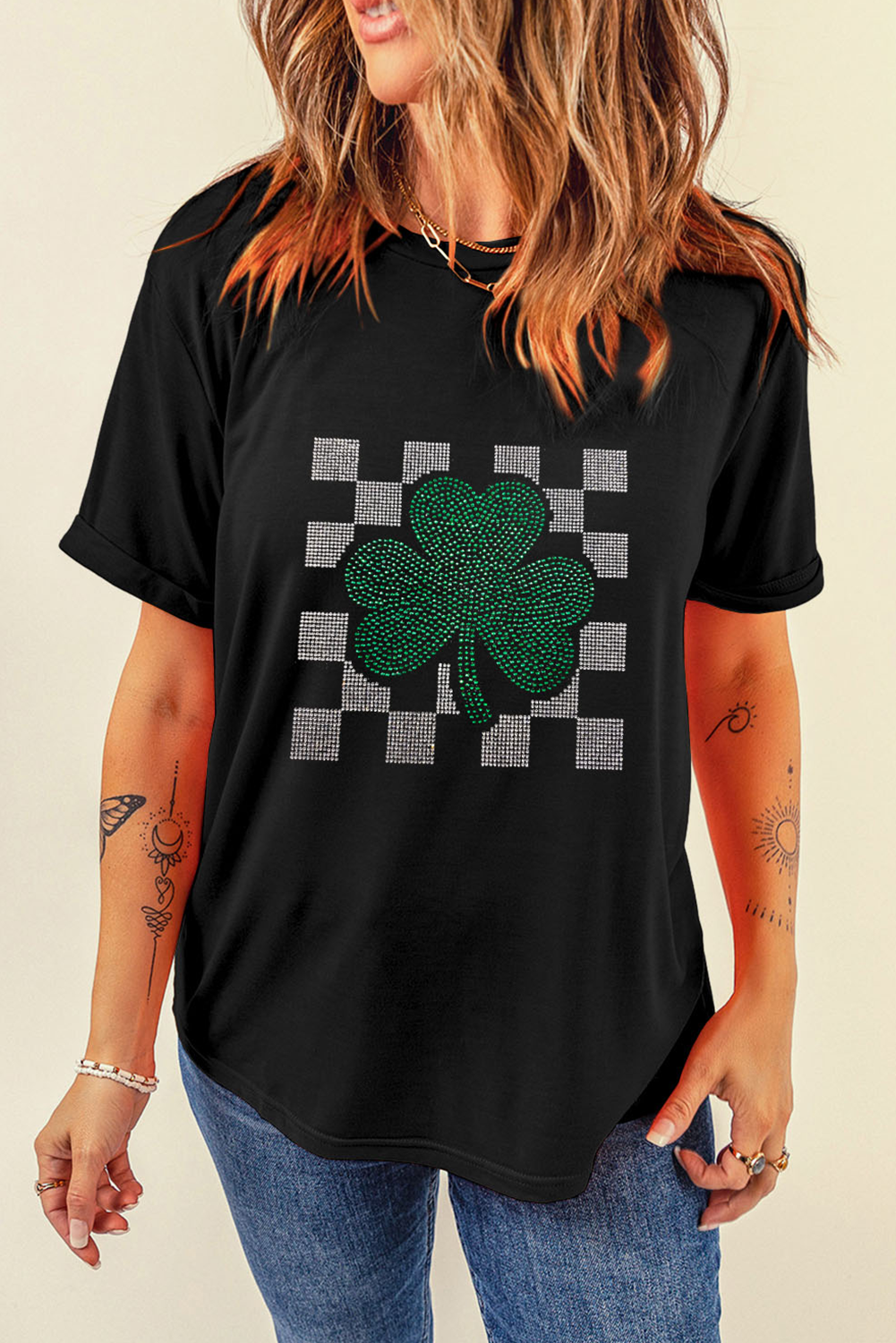 Black Clover Checkered Rhinestone Crew Neck T Shirt