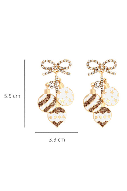 White Rhinestone Bow Circular Pendant Drop Earrings