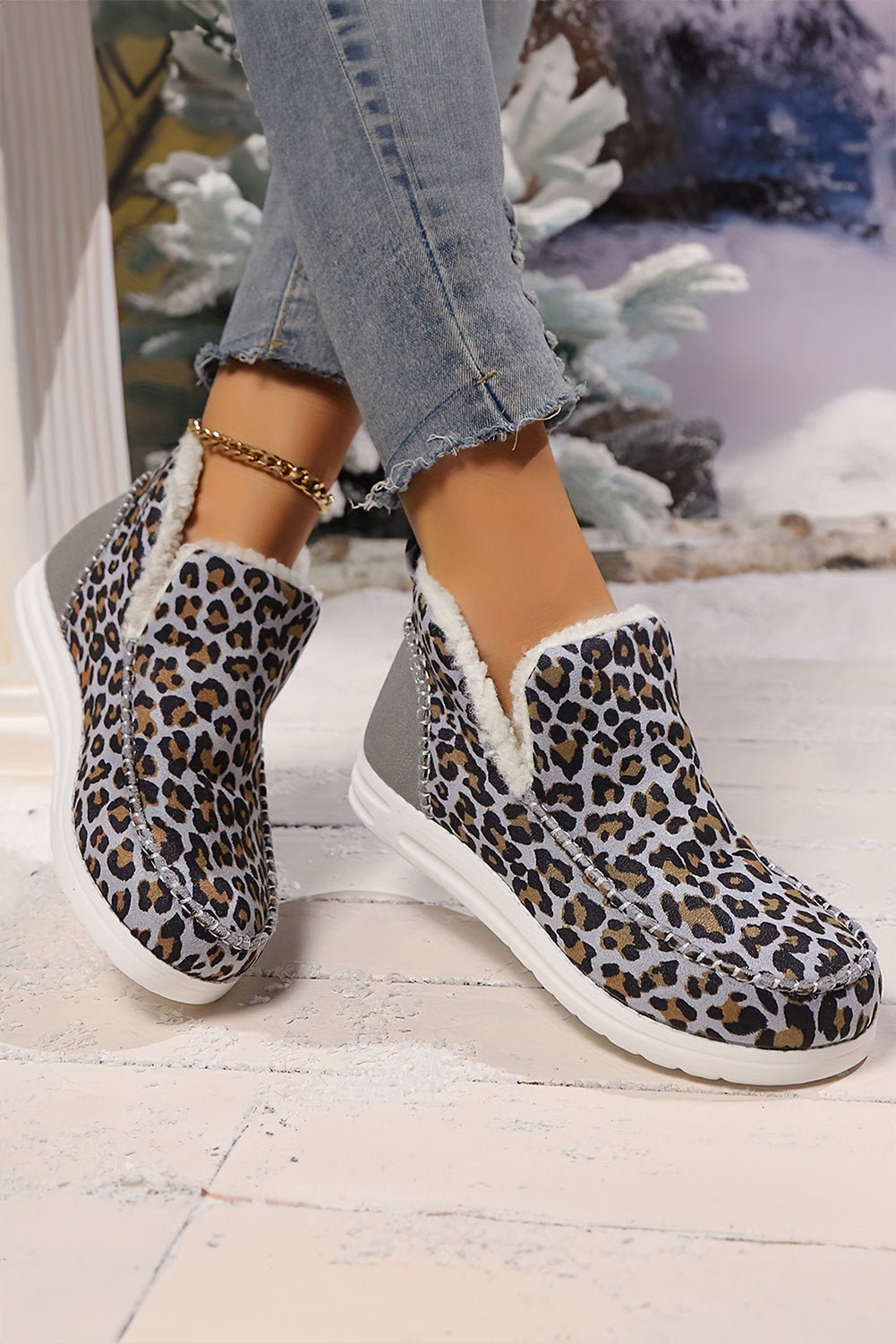 Dark Grey Leopard Print Ankle Patched Flat Winter Fur Boots