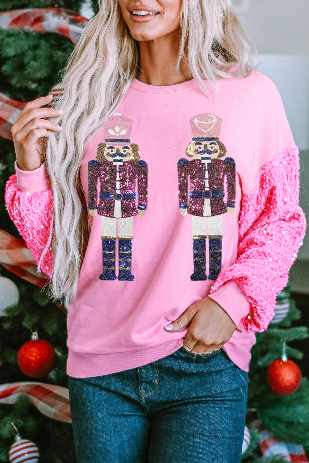 Pink Nutcracker Graphic Sequin Patchwork Long Sleeve Top