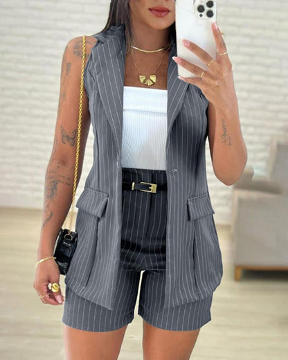 2 Pieces Outfits Striped Print Turn down Collar Pocket Design Vest Blazer and Casual Shorts Set