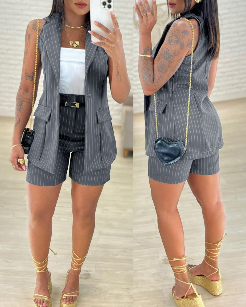 2 Pieces Outfits Striped Print Turn down Collar Pocket Design Vest Blazer and Casual Shorts Set