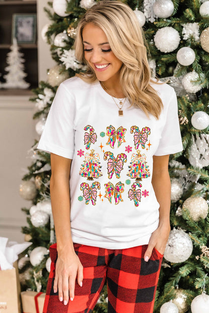 White Christmas Tree Bow Knot Print Round Neck T Shirt