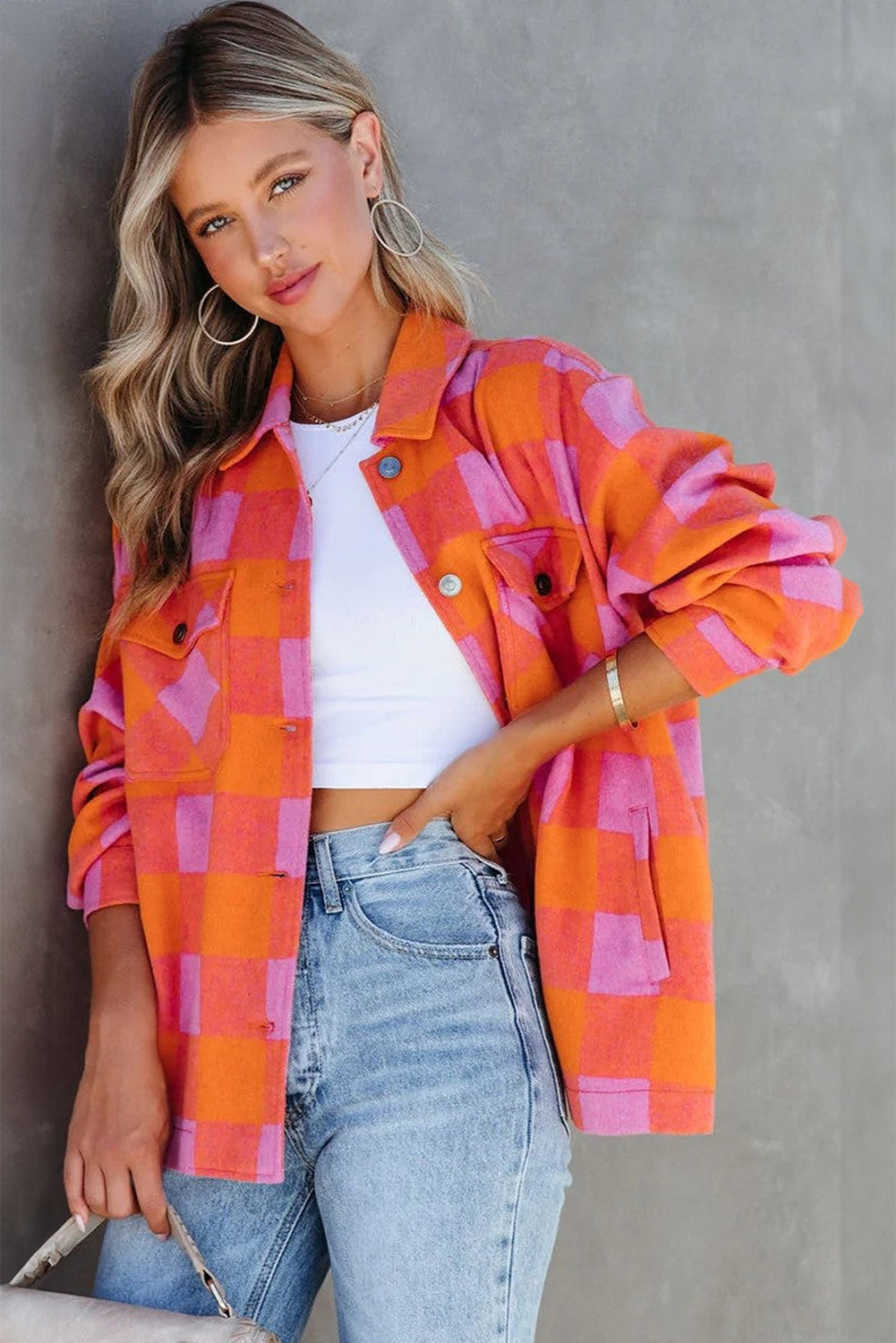 Orange Plaid Chest Pockets Button-up Turn Down Collar Jacket