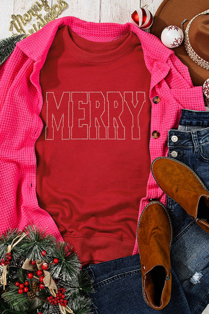 Red Rhinestone MERRY Letter Graphic Christmas Fashion Sweatshirt