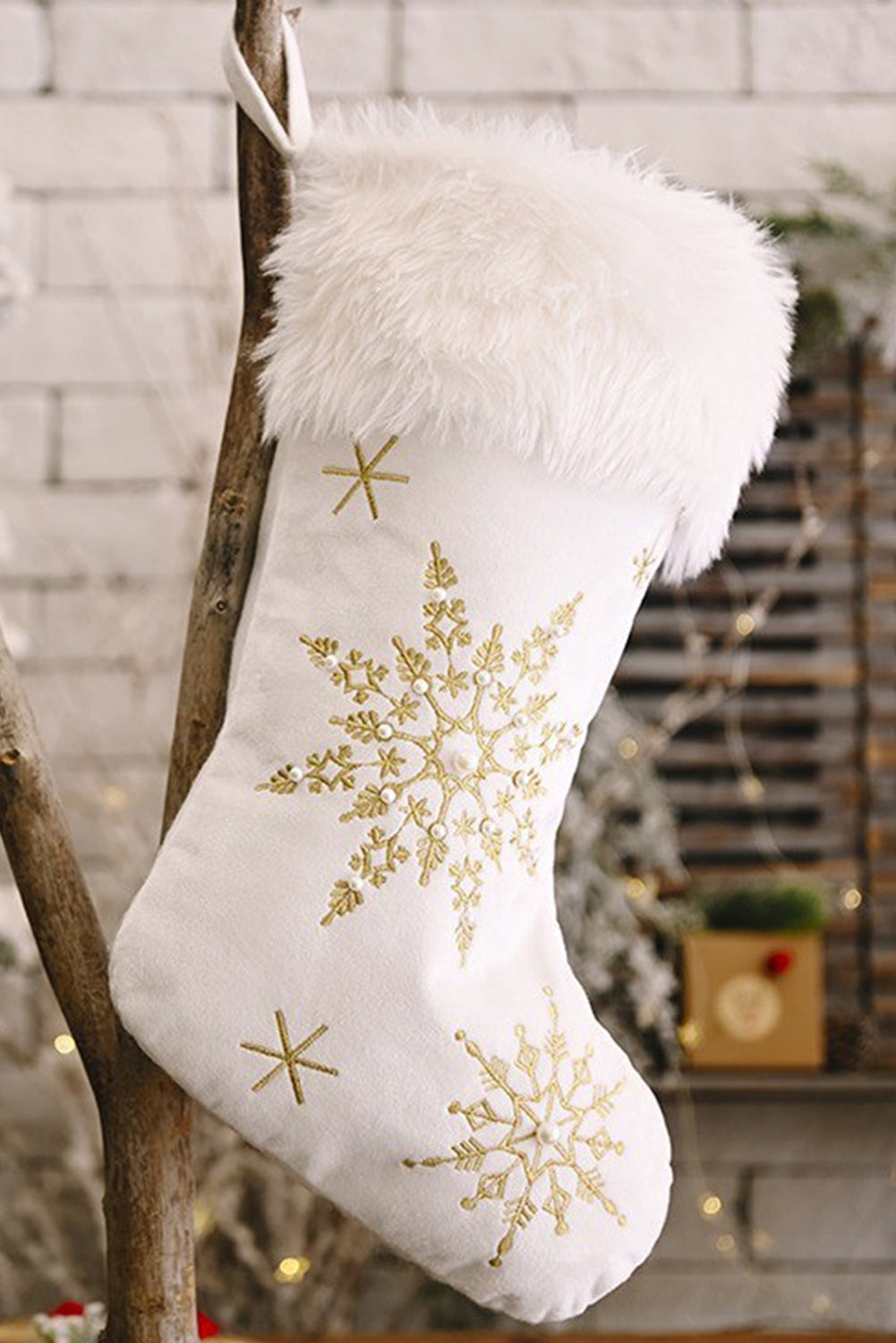 Gold Christmas Beaded Embroidered Snowflakes Gift Hanging Stocking