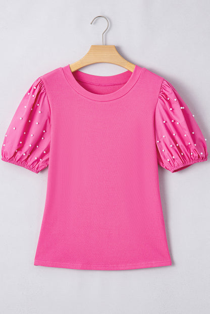 Bright Pink Ribbed Pearl Beaded Puff Sleeve Top