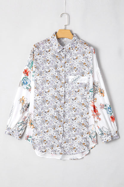 Purple Boho Floral Bishop Sleeve Button Up Loose Shirt