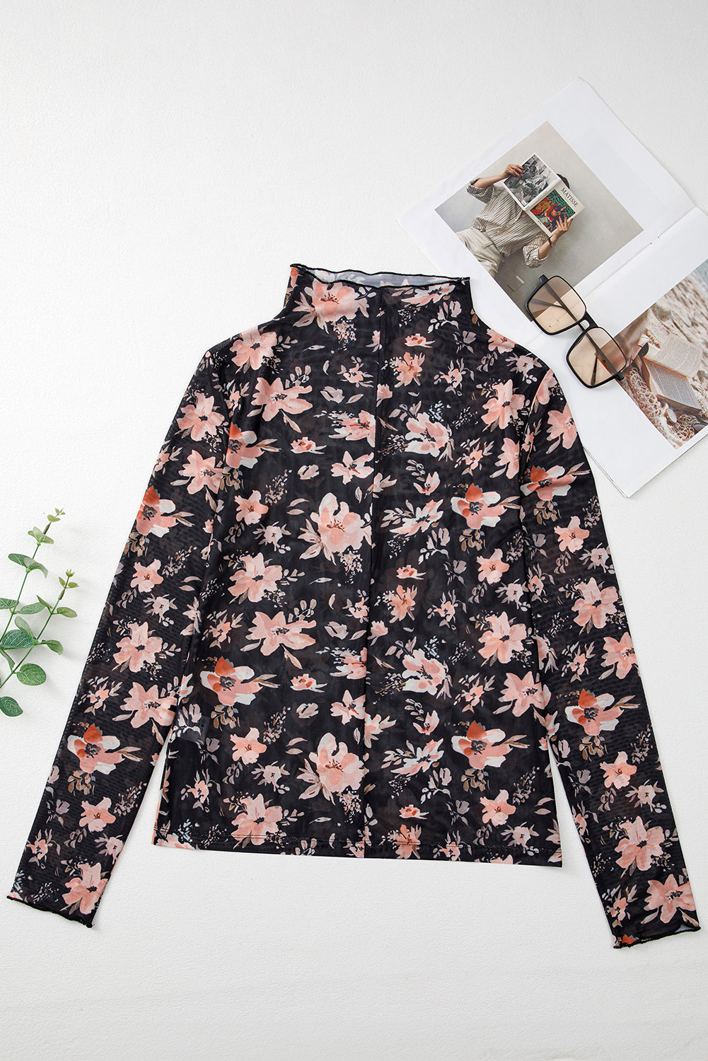 Black Floral Mesh Mock Neck Long Sleeve Slim Fit Top