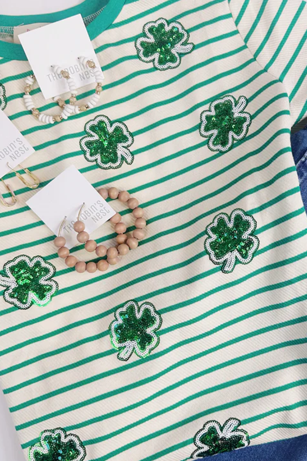 Green Stripe St Patricks Day Clover Patched Plus Size Tee