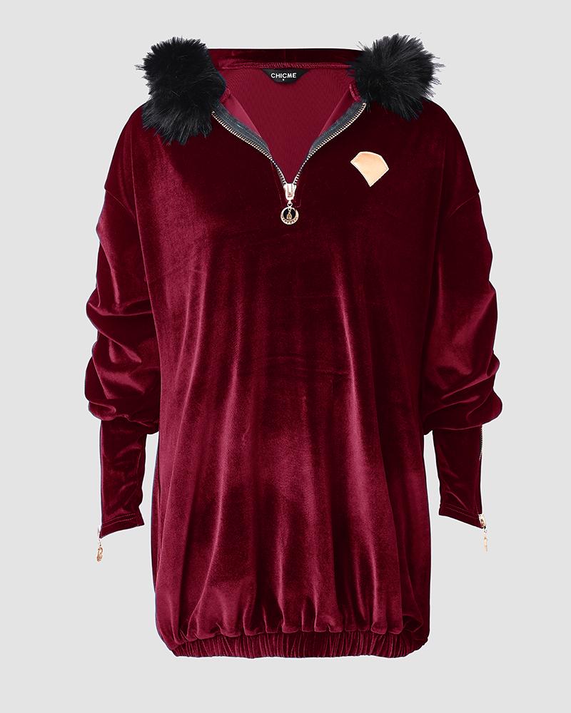 Velvet Fuzzy Trim Hooded Ruched Long Sleeve Zip Up Mini Dress