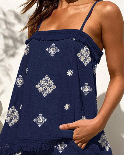 2 Piece Geometric Embroidery Spaghetti Strap Tassel Design Square Neck Top Casual Shorts Set