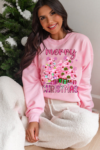 Pink Merry Christmas Graphic Crew Neck Pullover Sweatshirt