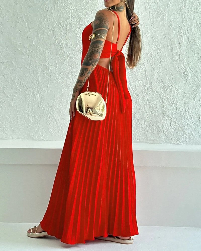 Square Neck Spaghetti Strap Pleated Maxi Dress Back Tied Detail Casual Flowy Long Dress