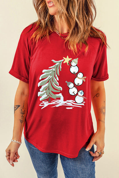 Red Christmas Tree Snowman Printed Crewneck T Shirt