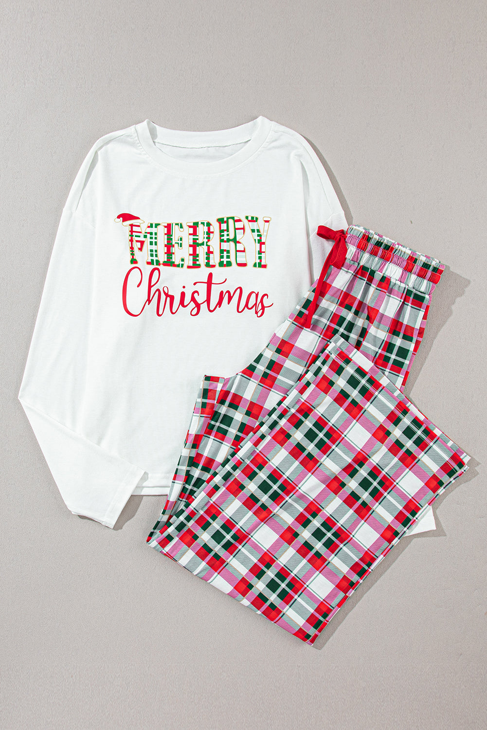 Multicolor Merry Christmas Plaid Print Two Piece Lounge Set