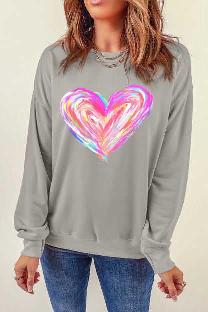 Gray Valentines Brushwork Heart Graphic Drop Shoulder Sweatshirt