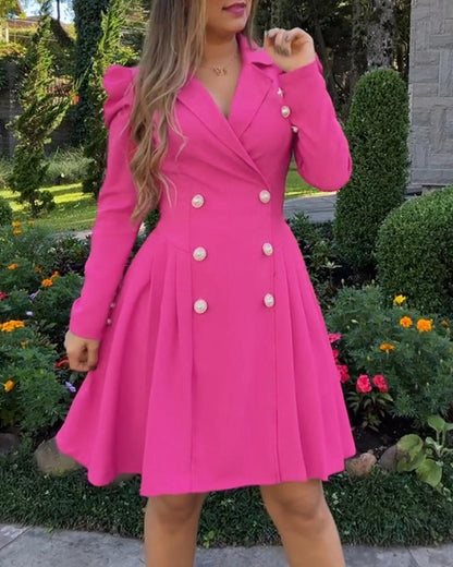 Notched Collar Puff Sleeve Double Breasted Cinch Waist Mini Dress Elegant Dress