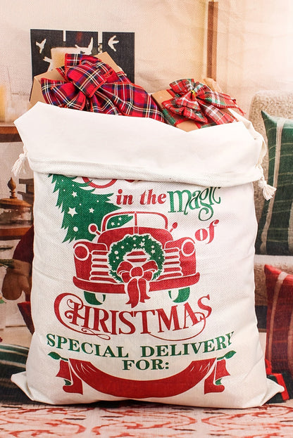 White Christmas Tree Truck Print Drawstring Large Gift Bag