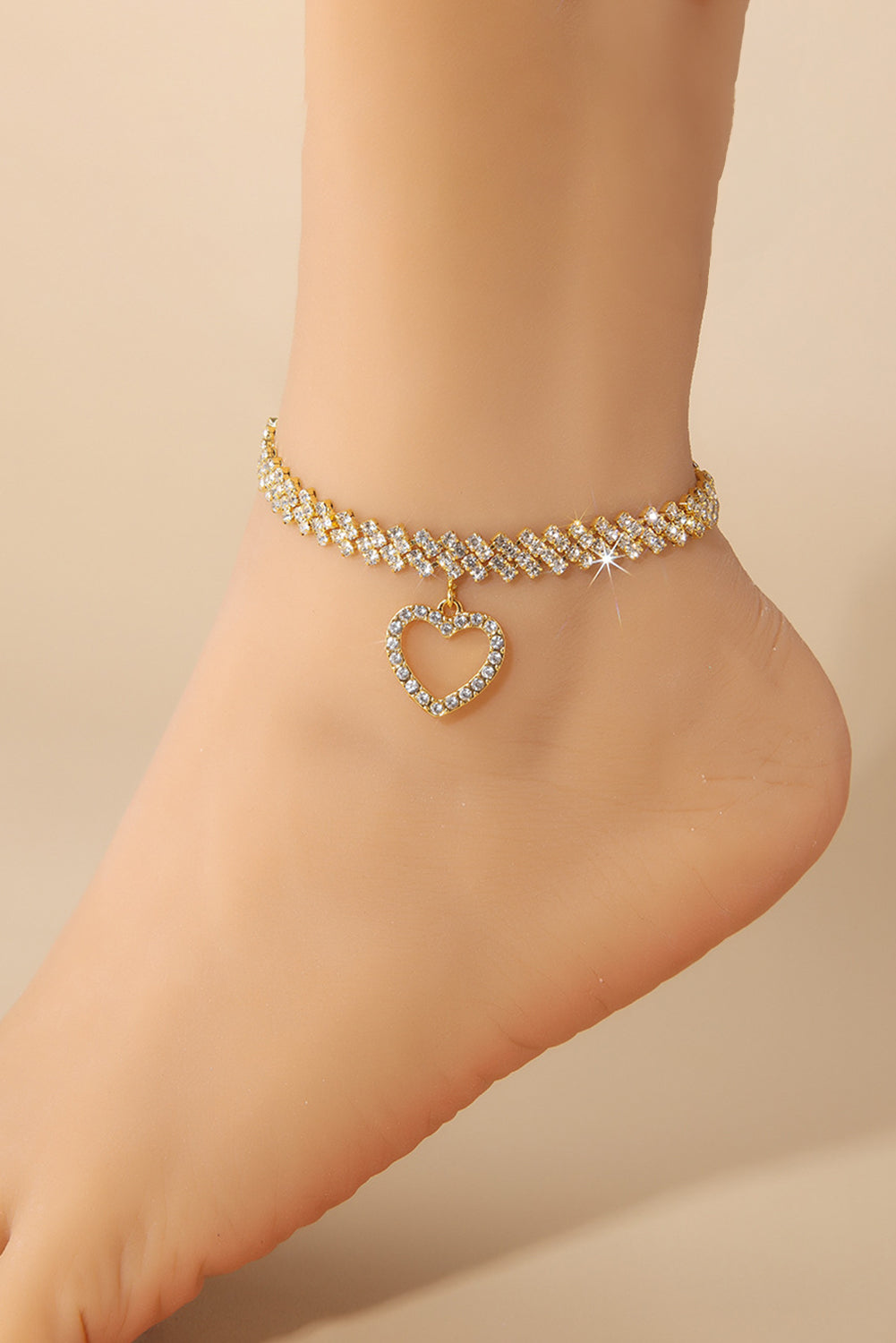 Gold Heart Pendant Rhinestone Adjustable Chain Anklet