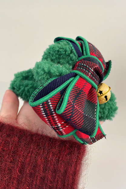 Dark Green Christmas Bell Cloth Bow Furry Plush Claw Clip