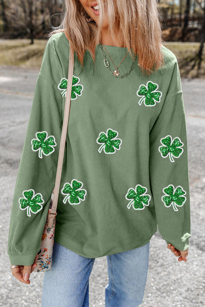 Grass Green Ribbed Four Leaf Clover Graphic St. Patricks Pullover Sweatshirt