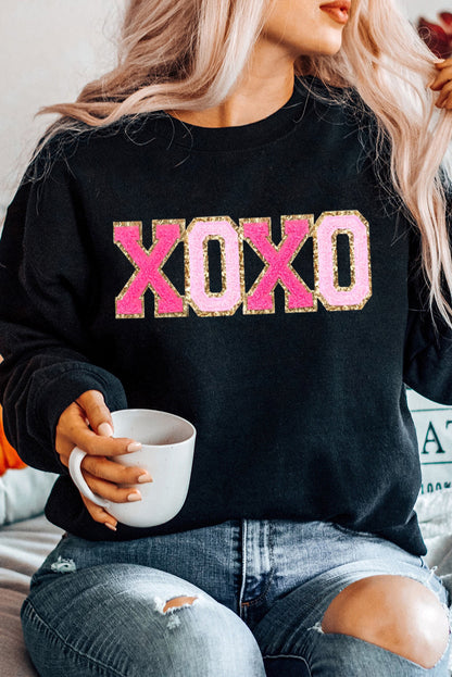 Black Chenille XOXO Patched Drop Shoulder Valentines Pullover Sweatshirt