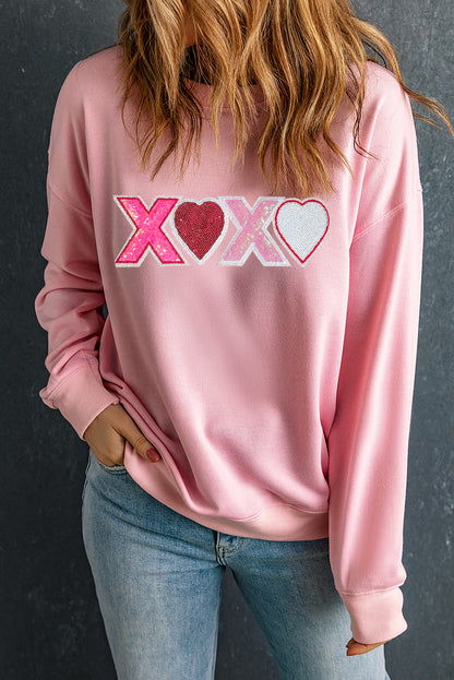 Pink Sequin Heart XOXO Graphic Drop Shoulder Valentines Sweatshirt