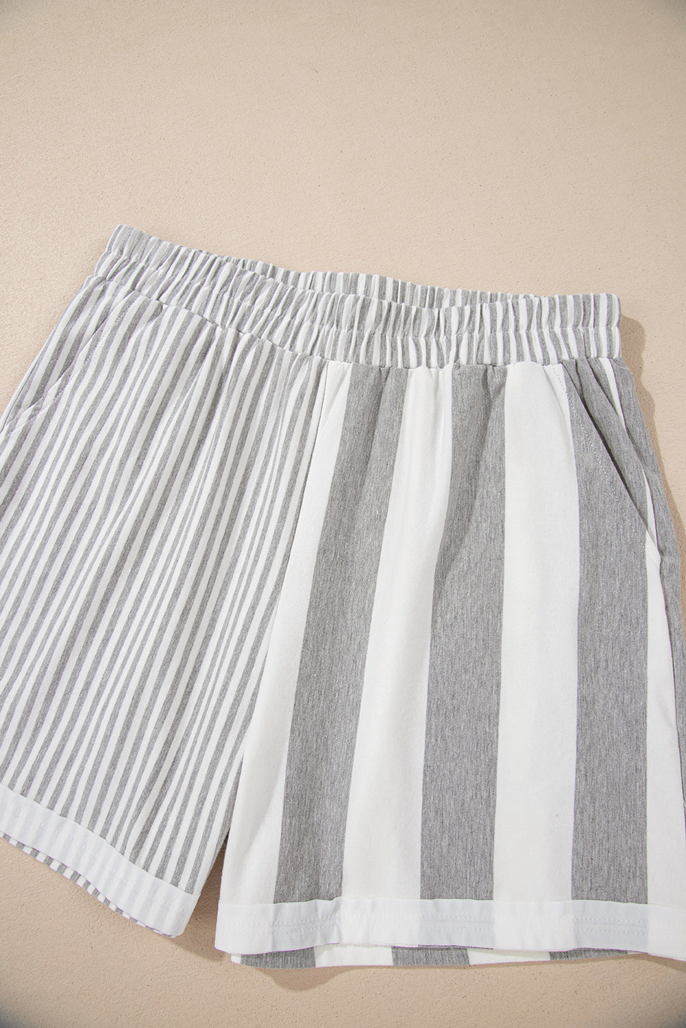 Gray Stripe Mixed Print Short Sleeve Top and Pocketed Shorts Set