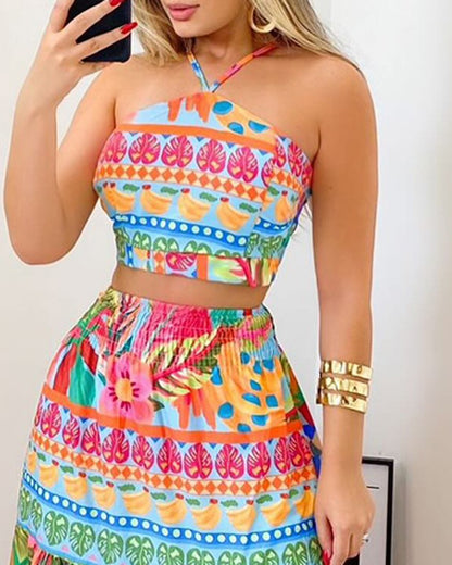 Tropical Print Halter Top & Maxi Skirt Set