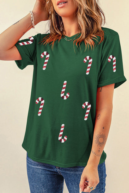 Green Christmas Candy Cane Graphic Casual T Shirt